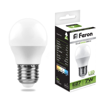 Лампа светодиодная LED 7вт Е27 белый шар Feron