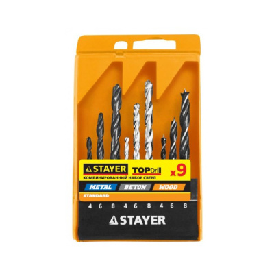 Набор STAYER "STANDARD" Сверла комб., дерево (4-5-6-8-10мм), металл (2-3-4-6-8мм), бетон 9 пр.