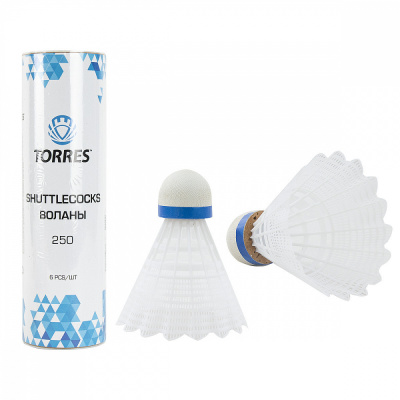 Воланы для бадминтона TORRES 250 (нейлон/пробка), арт. BD20109, уп.6шт.белый, сред.скор.