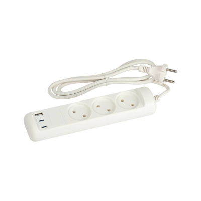 Удлинитель электрический 3 розетки + 3xUSB A+C 1,5м 10А белый ЭРА U-3-1,5m-USB-W
