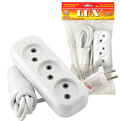 Удлинитель сетевой LUX У3-0-10 3-местный б/заз., 250В 10А,10м