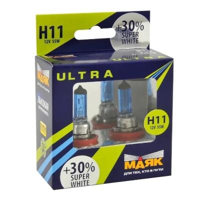 Лампа авт. 12V (4200 K, +30%) Н11 55W PGJ19-2 (*комплект: 2 шт.) Super White +30% Маяк