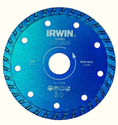 Диск алмазный 180*22 отрезной Turbo-сухой и мокрый способ резки IRWIN