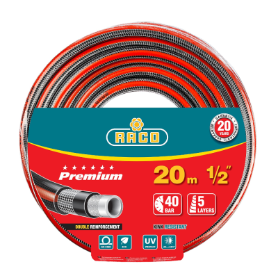 Шланг RACO PREMIUM поливочный, 40атм., армированный, 5-ти слойный, 1/2"х20м
