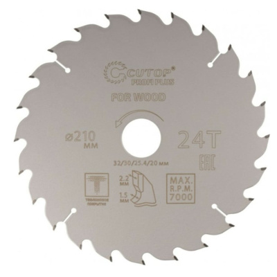 Диск пильный по дереву с тефлоновым покрытием 24Т, CUTOP Profi plus, 210 х 1,5/2,2 х 32/30/25,4/20 м