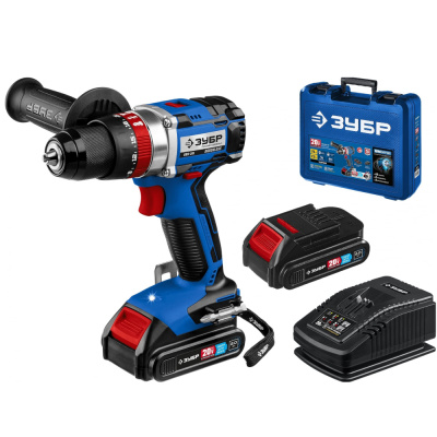 Дрель-шуруповерт ЗУБР 20В бесщеточная ударная, 2 АКБ (2Ач), в кейсе, Профессионал. DBS-201-22