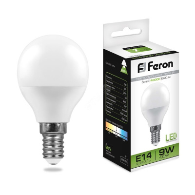 Лампа светодиодная LED 9вт Е14 белый матовый шар Feron