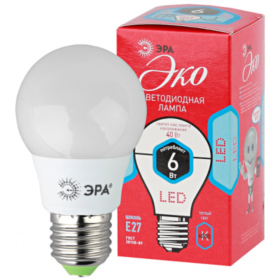Лампа светодиодная, х/бел, 420 lm ЭРА LED smd A55-6w-840-E27 ECO