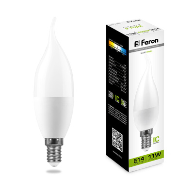 Лампа светодиодная LED 11вт Е14 белый матовая свеча на ветру Feron