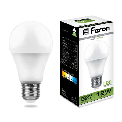 Лампа светодиодная LED 12вт Е27 белая Feron