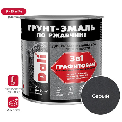 ГРУНТ- ЭМАЛЬ ПО РЖАВЧИНЕ "DALI" ГРАФИТОВАЯ 3 В 1 СЕРАЯ  0,75 Л (6) "РОГНЕДА"