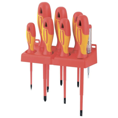 Набор отверток диэлектрических до 1000В, тестер, CrMo, двухкомпонентные рукоятки (8шт.)// Gross