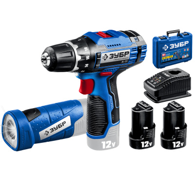 Дрель-шуруповерт, Профессионал.  DL-121-22F ЗУБР 12В + LED фонарь, 2 АКБ (2Ач), в кейсе