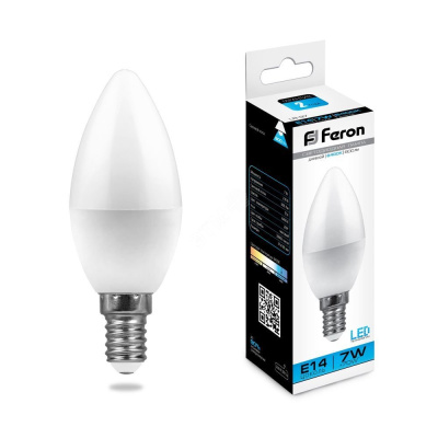 Лампа светодиодная LED 7вт E14 дневной матовая свеча Feron