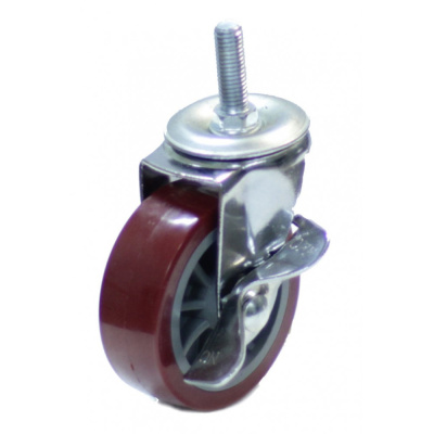Колесо мебел. поворотное болт.крепление_(М10) с тормозом 75мм (красный пластик)