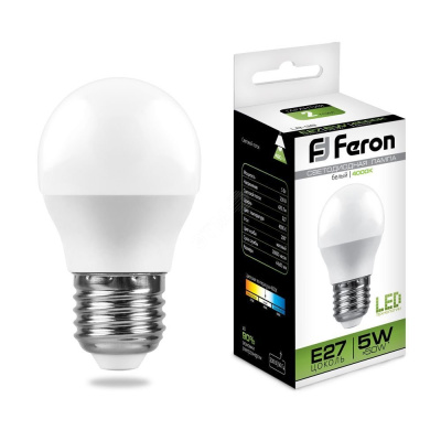 Лампа светодиодная LED 5вт Е27 белый шар Feron