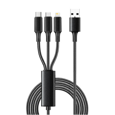 Кабель USB 3в1 Type-С (6A), Lightning (2,4A), micro USB (3A) 1,2м, в черной оплетке REXANT