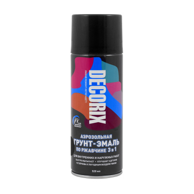 Грунт-эмаль аэрозольная по ржавчине 3в1 DECORIX 520мл,черный глянцевый