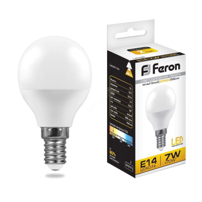 Лампа светодиодная LED 7вт Е14 теплый шар Feron