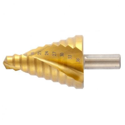 Сверло ступенчатое HSS по металлу, 10 ступеней 9-12-15-18-21-24-27-30-33-36 мм