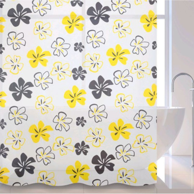 Штора GS-6PEVA07 для ванной комнаты с кольцами с рисунком (Бежевые цветы) (180х180см)