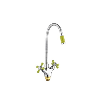 Смеситель кух керам.кран-букса FRUD высокий,руч/крест,гибкий излив,зел/хром R43127-6