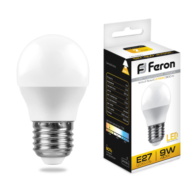 Лампа светодиодная LED 9вт Е27 теплый матовый шар Feron