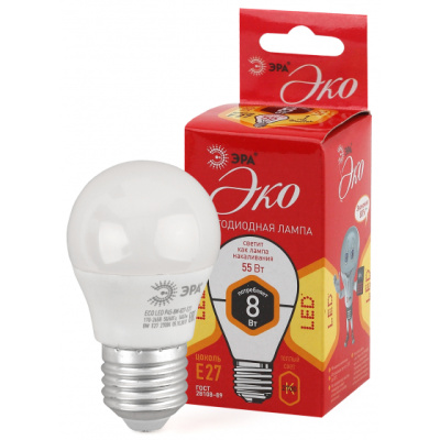 Лампа светодиодная, т/бел, 640 lm ЭРА LED smd P45-8W-827-E27 ECO