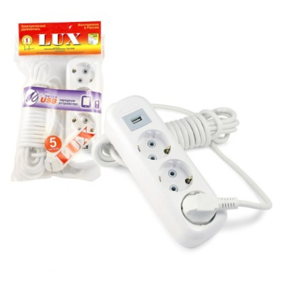 Удлинитель сетевой LUX У3-Е-USB-05 3-местный с з/к 250В 16А, USB гнездо 5В 1.3А, 5м