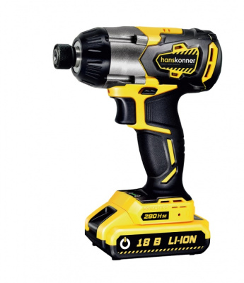 Дрель акк. имп.б/щ, Hanskonner 18В, Li-Ion,3скор,2 акк.2,4 Ач,280Нм,1/4,БЫСТР.ЗАРЯД