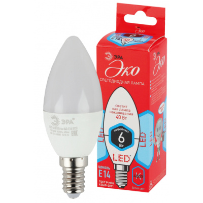 Лампа светодиодная, х/бел, 420 lm ЭРА LED smd B35-6w-840-E14 ECO
