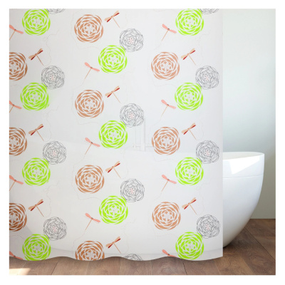 Штора S-8PEVA12 LUX для ванной комнаты с кольцами с рисунком (Бежевые цветы) (180 х 180 см)