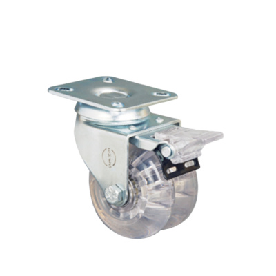 Колесо, ПРОЗРАЧНЫЙ ПОЛИУРЕТАН, сдвоенное поворотное с тормозом  50 мм ( ET01 DKP 50 F )