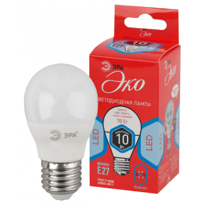 Лампа светодиодная, х/бел, 800 lm  ЭРА LED smd P45-10w-840-E27 ECO