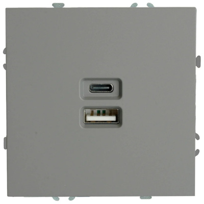 Розетка 2-местная USB +Type C (механизм) Эмили, платиново-серый, STEKKER 1/12/120