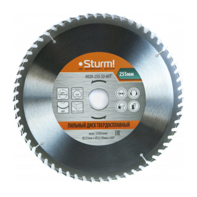 Пильный диск, размер 255x32x60 зубьев С ПЕРЕХОД. КОЛЬЦОМ НА 30 мм Sturm!