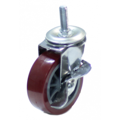 Колесо мебел. поворотное болт.крепление_(М10) с тормозом 50мм (красный пластик)