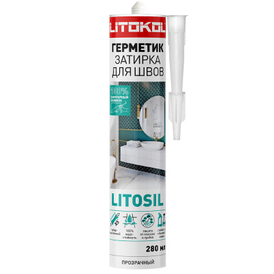 Герметик-затирка для влажных помещений LITOSIL ПРОЗРАЧНЫЙ высокоэластичный санитарн. силикон. 280 мл
