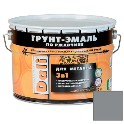 ГРУНТ- ЭМАЛЬ ПО РЖАВЧИНЕ "DALI" 3 В 1 СЕРЕБРИСТЫЙ АЛЮМИНИЙ (RAL 9006) 10 Л (1) "РОГНЕДА"