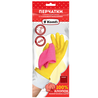 Перчатки хозяйственные латексные с х/б напылением L желтые Komfi/120/10 DGL026P 