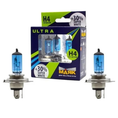 Лампа авт. 12V (4200 K, +30%) H4 60/55 P43t (*комплект: 2 шт.) Super White +30% Маяк