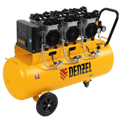 Компрессор безмаслянный малошумный DLS 3300/100, 3300 Вт,3х1100, 100 л, 570 л/мин блок упр// Denzel