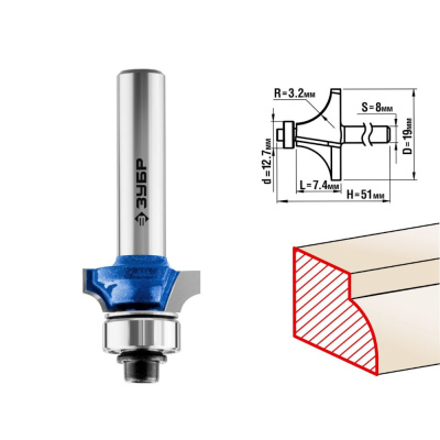 Фреза кромочная калевочная № 1, D-19 мм, dl-7.4мм,радиус-3,2мм, хв.-8мм,d-12.7мм, ЗУБР Проф.