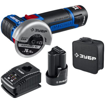 Шлифмашина ЗУБР  Т7, 12 В, d76 мм, 2 АКБ (2 А·ч), бесщеточная УШМ, сумка, Профессионал (AB-76-22)