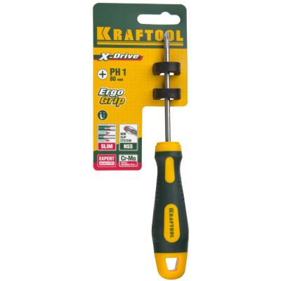 Отвертка KRAFTOOL, Cr-Mo-V сталь, двухкомпонентная противоскользящая рукоятка, PH, №0x60мм