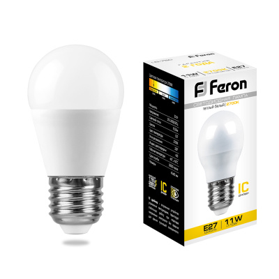 Лампа светодиодная LED 11вт Е27 теплый матовый шар Feron