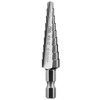 Сверло ЗУБР ступенчатое по сталям и цвет.мет.ст. Р6М5, d 4-12мм, 9 ступ. d 4-12, L-65мм, шестигр.хво