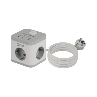 Удлинитель куб с/з,выкл.,3 розетки+4xUSBA+C 1,5м 16А белый ЭРА CUBE-3es-1,5m-4USB-W 