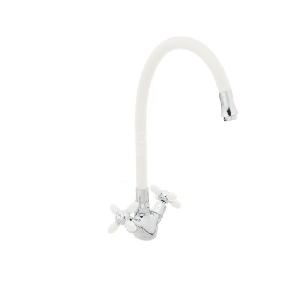 Смеситель кух керам.кран-букса FRUD высокий,руч/крест,гибкий излив,бел/хром R44127-7 