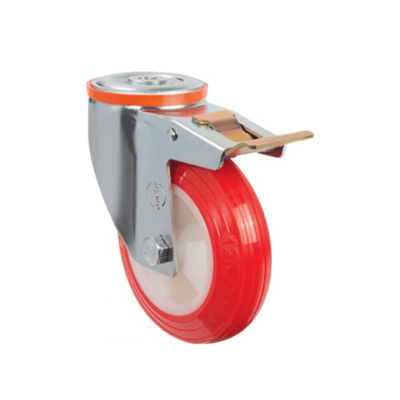 Колесо  полиуретановое поворотное под болт M12 с тормозом  125 мм ( EM04 ZKP 125 F ), диск-полиамид